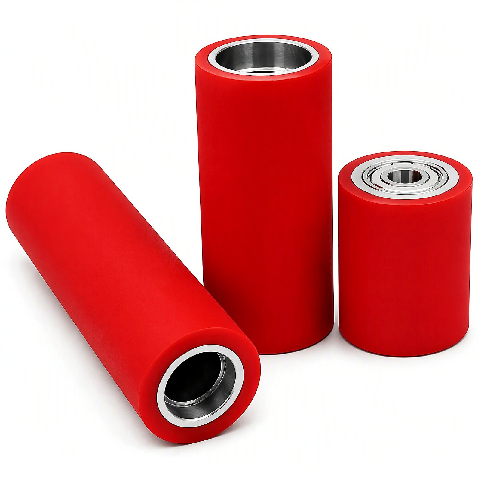 Red 50A soft PU labeling machine rollers with dual bearings
