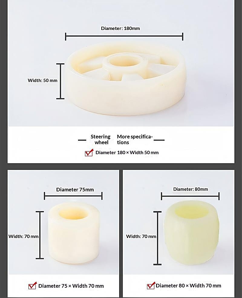 Nylon wheel dimensions - steering wheel 180 x 50 mm, load wheels 75 x 70 mm and 80 x 70 mm