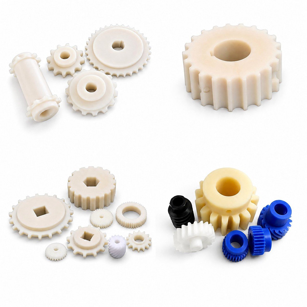 Assorted machined nylon gears, sprockets and worm wheels