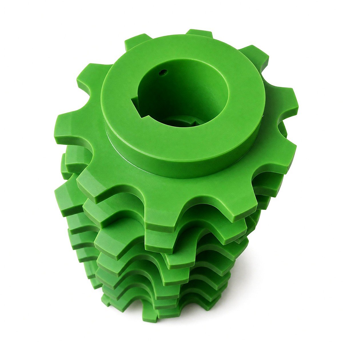 Green MC nylon sprockets stacked - custom machined transmission parts