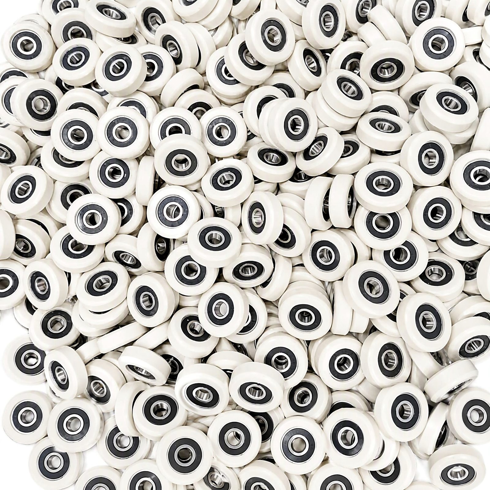White PU coated bearing wheels in production volume