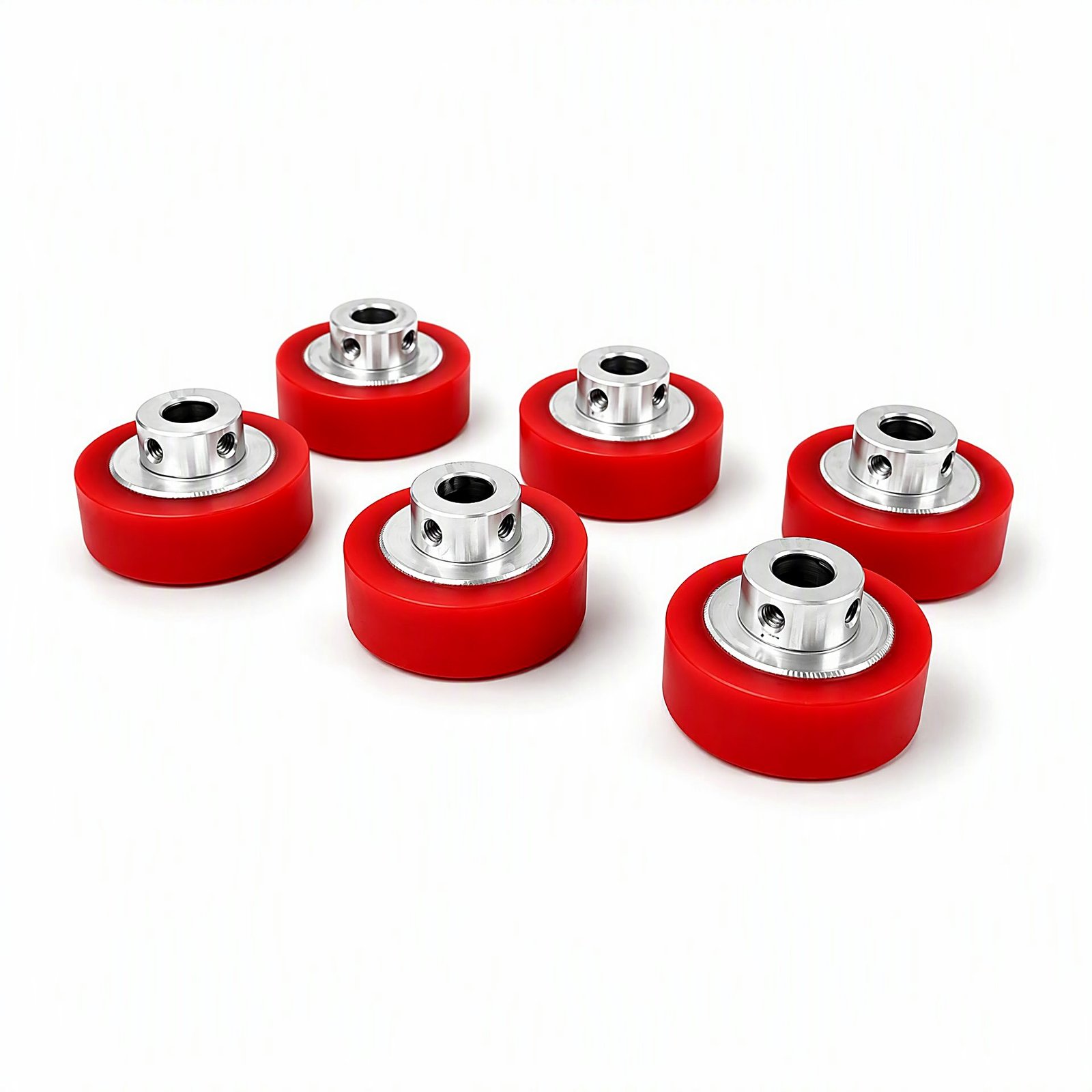 Red PU metering wheels with clamp collars