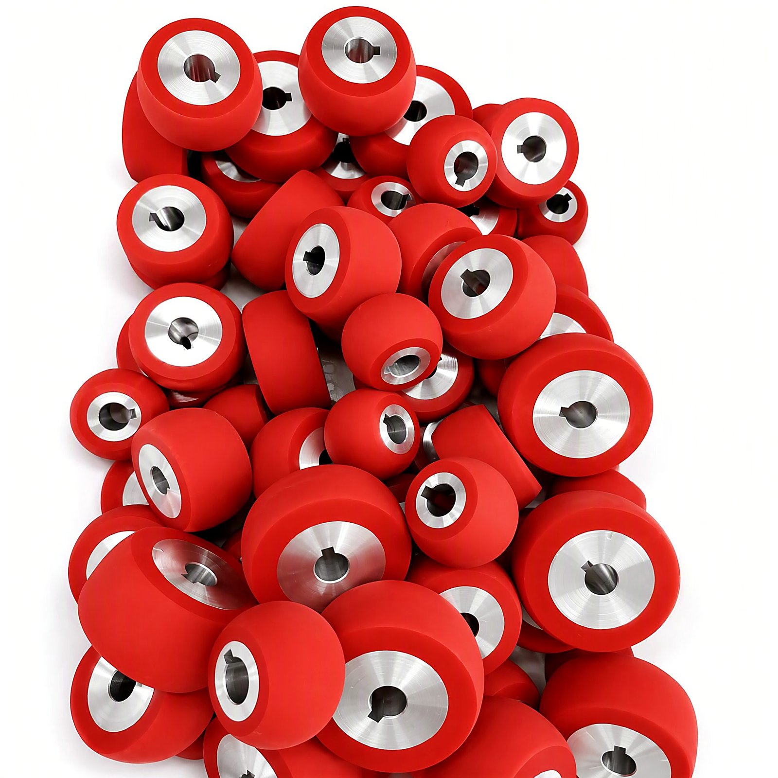 Red PU wheels with steel bore sleeves, production batch