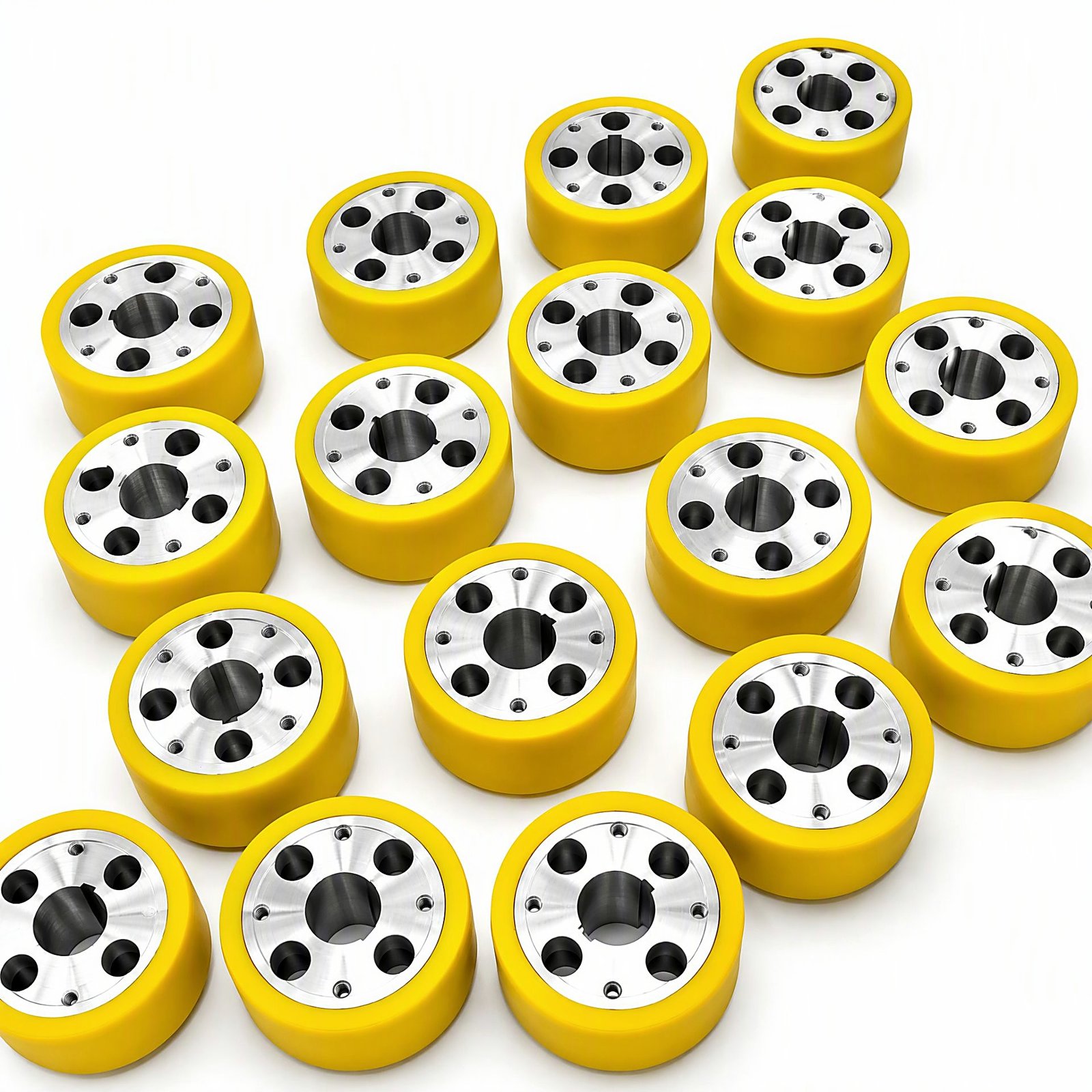 Yellow PU wheels with aluminium cores, array