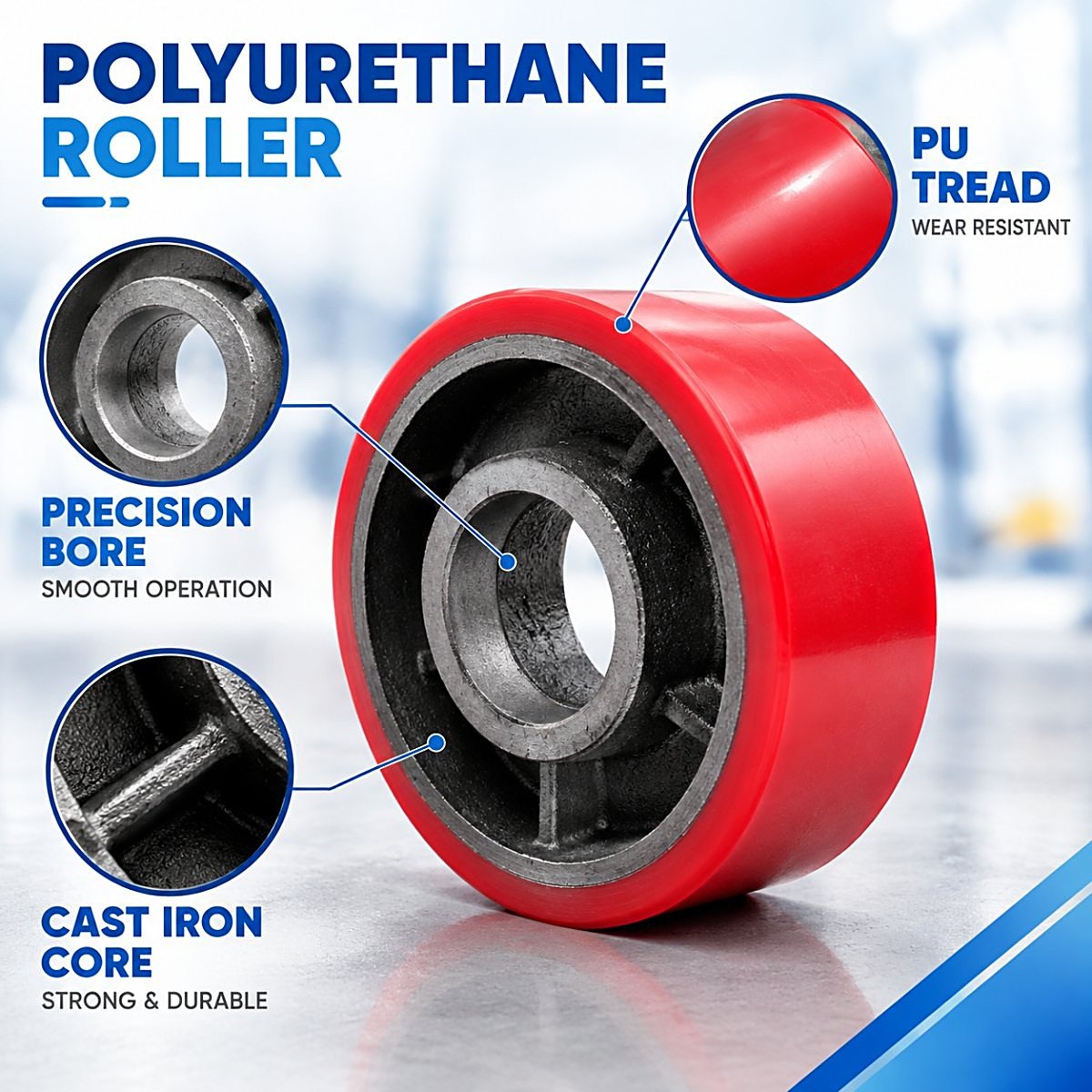 PU roller wheel structure - PU tread, precision bore, cast iron core