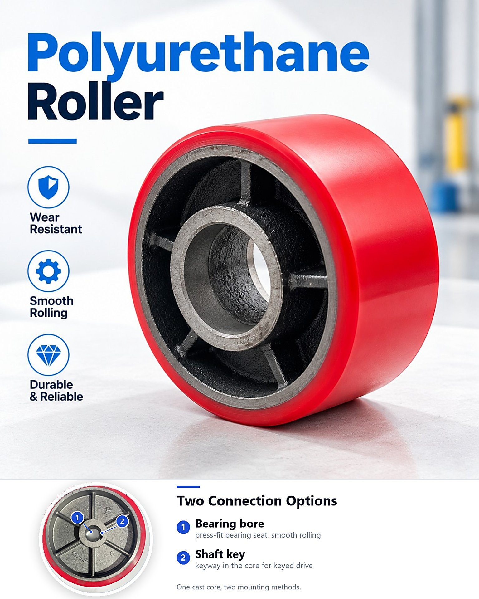 PU roller wheel - two connection options: bearing bore and shaft key